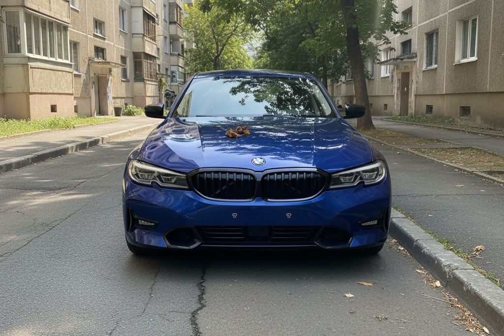 Blue BMW car parked on a street with buildings in the background