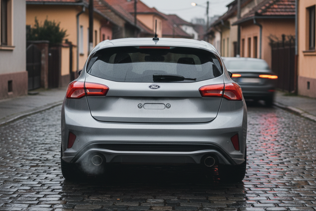 Ford Focus Silver driving on a cobblestone street with houses in the background