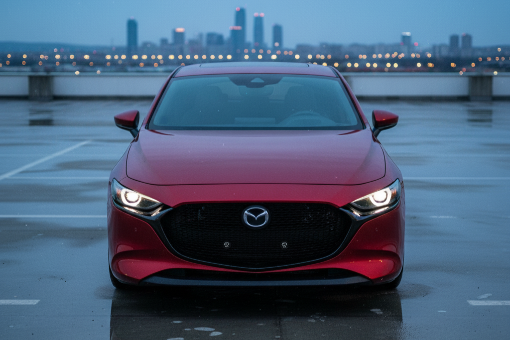 Red Mazda car on a road with a cityscape in the background